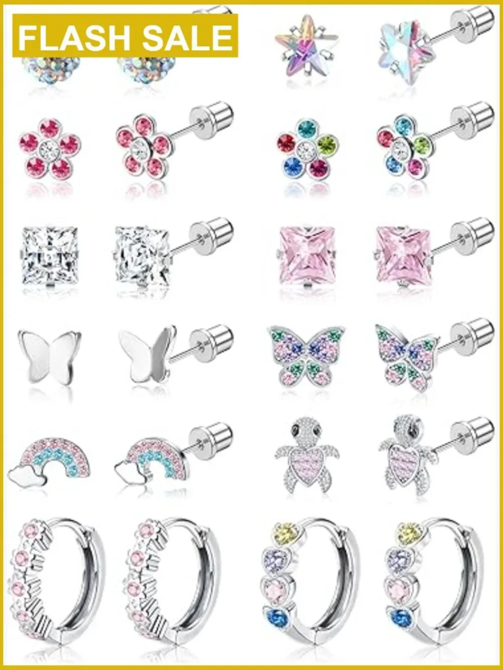 12 Pairs Hypoallergenic Stainless Steel Earrings for Girls with Screw Back